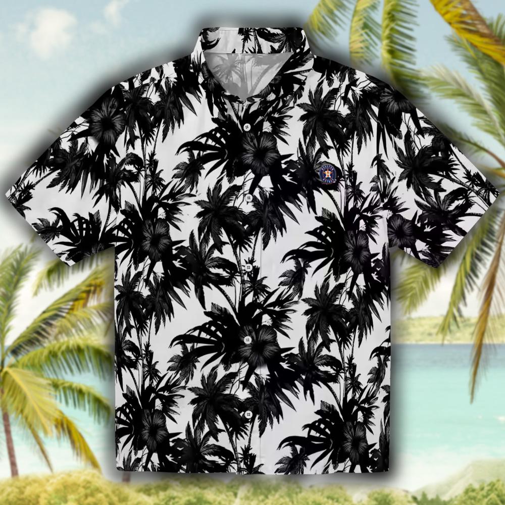 Houston Astros Hawaiian Shirt Black White Palm Motifs Design Houston Astros Hawaiian Shirt Black White Palm Motifs Design