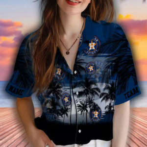 Houston Astros Hawaiian Shirt Blue Black Sunset Scene Custom Design 4