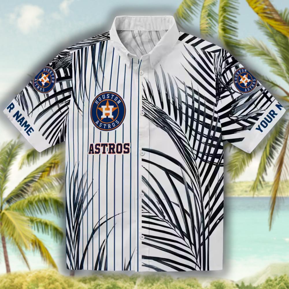 Houston Astros Hawaiian Shirt Blue Black White Palm Stripes Design Houston Astros Hawaiian Shirt Blue Black White Palm Stripes Design