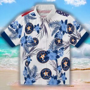 Houston Astros Hawaiian Shirt Blue White Patriotic Hibiscus Design 1