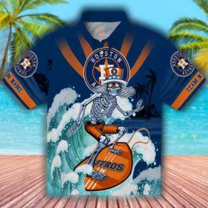 Houston Astros Surfing Skeleton Blue Hawaiian Shirt Personalized 1