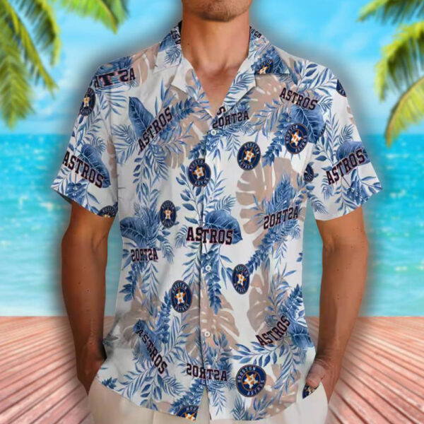Houston Astros Tropical Leaves Hawaiian Shirt White Design 2