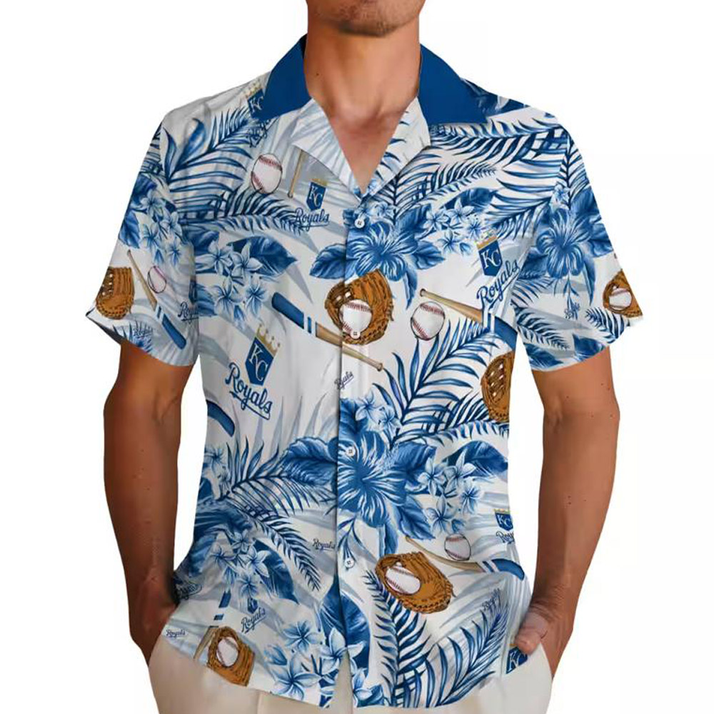 Kansas City Royals Floral Hawaiian Shirt Royal Blue White Baseball Design Kansas City Royals Floral Hawaiian Shirt Royal Blue White Baseball Design
