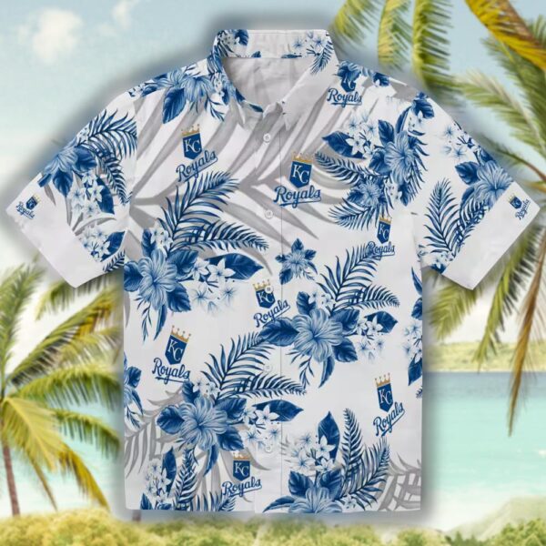 Kansas City Royals Hawaiian Shirt Blue White Hibiscus Palm Design 1