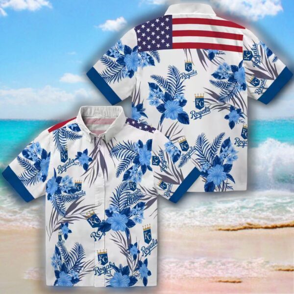 Kansas City Royals Hawaiian Shirt Patriotic Hibiscus Royal Blue White Design 3