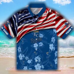 Kansas City Royals Hawaiian Shirt Royal Blue US Flag Hibiscus Design 1