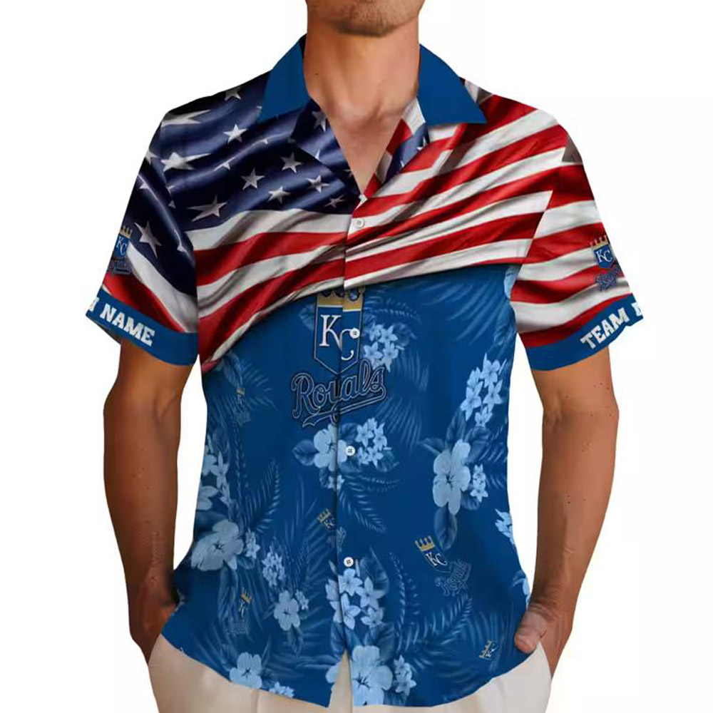Kansas City Royals Hawaiian Shirt Royal Blue US Flag Hibiscus Design Kansas City Royals Hawaiian Shirt Royal Blue US Flag Hibiscus Design