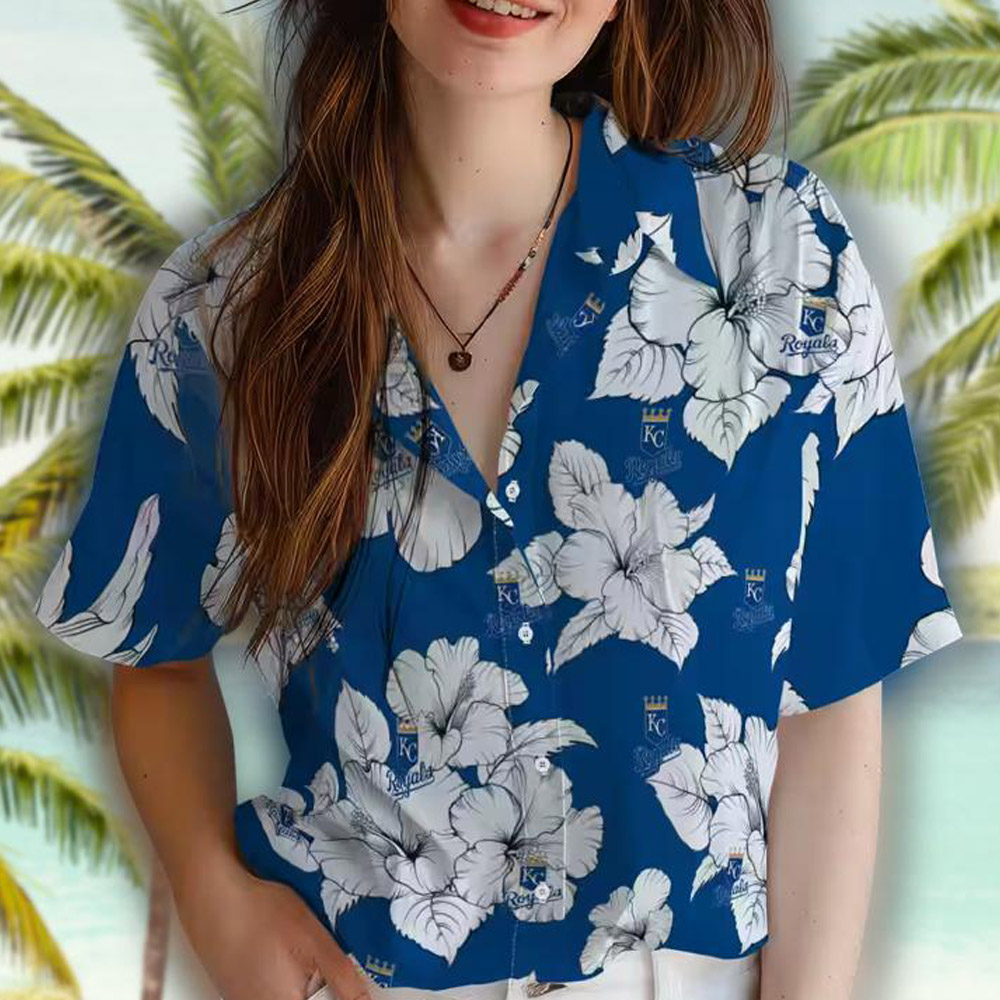 Kansas City Royals Hawaiian Shirt Royal Blue White Hibiscus Blooms Kansas City Royals Hawaiian Shirt Royal Blue White Hibiscus Blooms