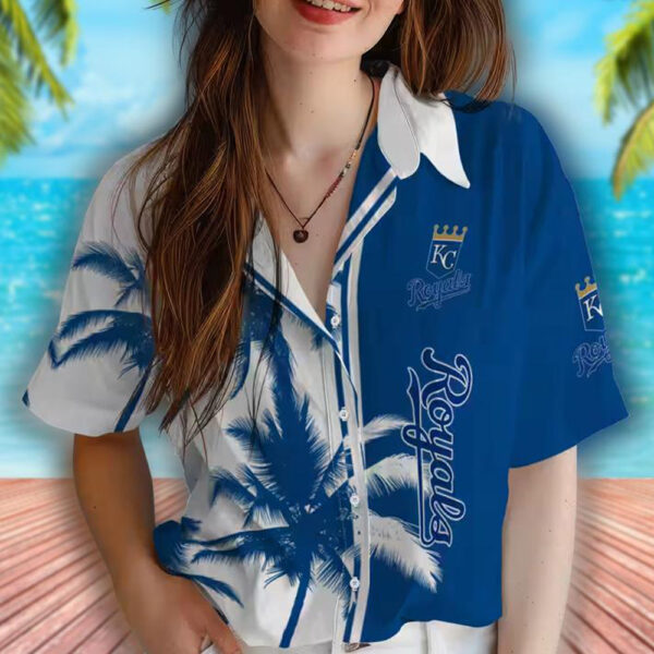 Kansas City Royals Hawaiian Shirt Royal Blue White Palm Trees Design 4