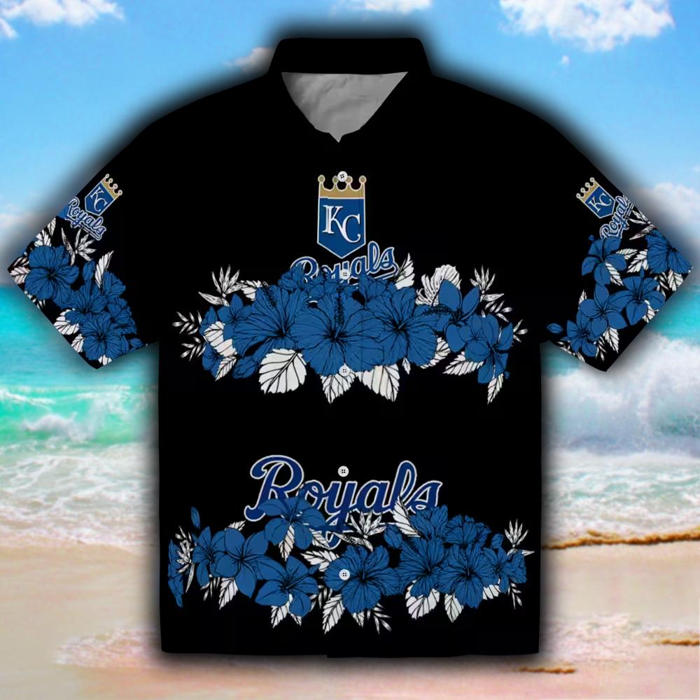Kansas City Royals Hibiscus Hawaiian Shirt Blue Black Stripes Design Kansas City Royals Hibiscus Hawaiian Shirt Blue Black Stripes Design