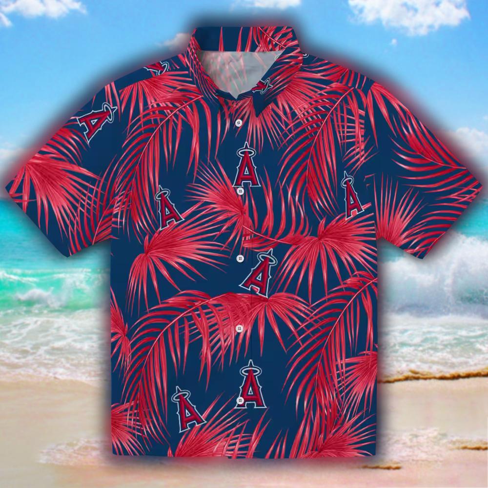 Blue Hawaiian Shirt Los Angeles Angels Leafy Palms Design Blue Hawaiian Shirt Los Angeles Angels Leafy Palms Design