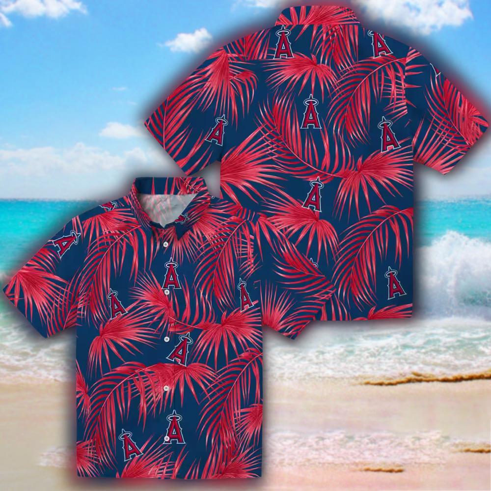 Blue Hawaiian Shirt Los Angeles Angels Leafy Palms Design Blue Hawaiian Shirt Los Angeles Angels Leafy Palms Design