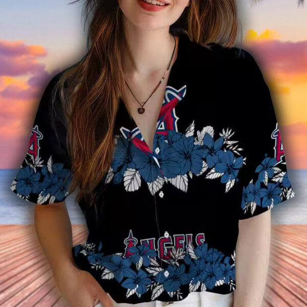 Hawaiian Shirt Los Angeles Angels Hibiscus Stripe Blue Black Design 4