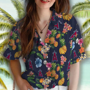 Hawaiian Shirt Navy Blue Los Angeles Angels Hibiscus Fruit Design 4