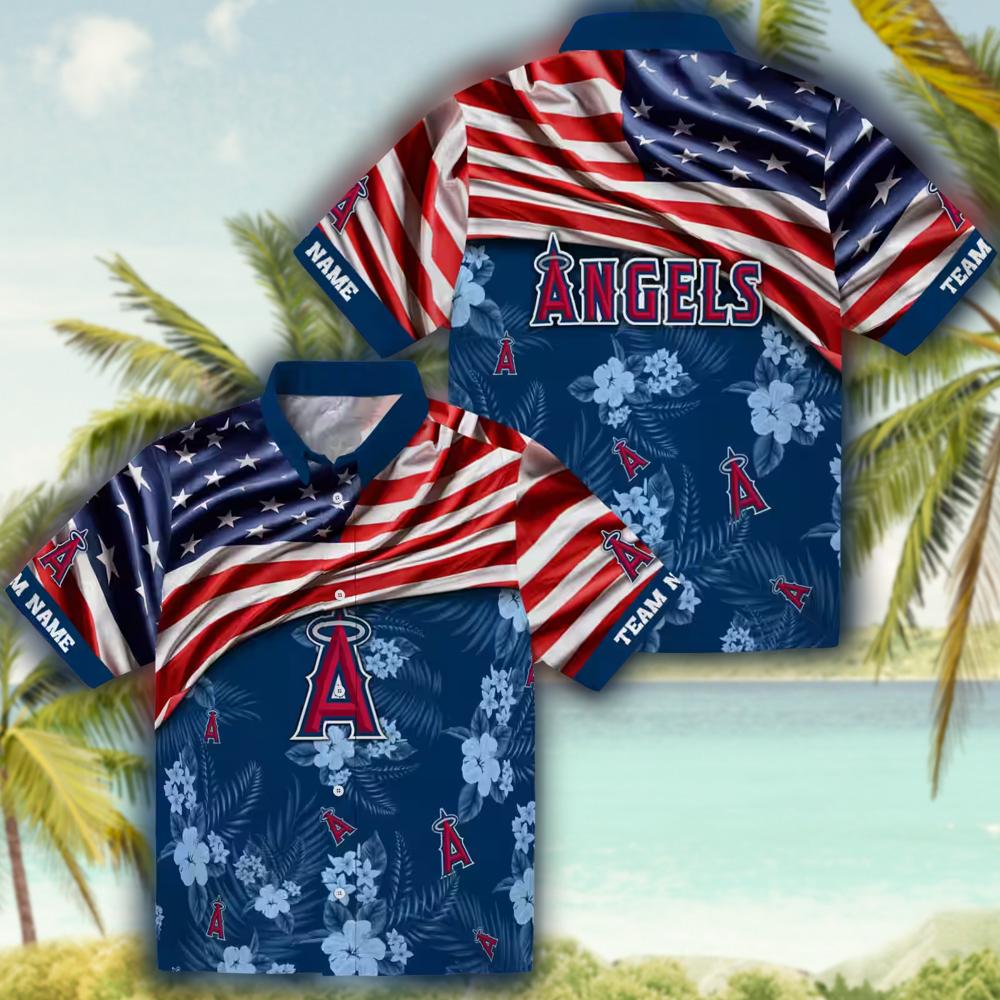 Los Angeles Angels Custom Blue Hawaiian Shirt with US Flag Hibiscus Los Angeles Angels Custom Blue Hawaiian Shirt with US Flag Hibiscus