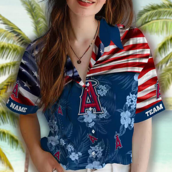 Los Angeles Angels Custom Blue Hawaiian Shirt with US Flag Hibiscus 4