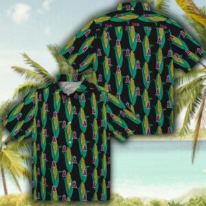 Los Angeles Angels Hawaiian Shirt Black Green Corn Motifs Design 3