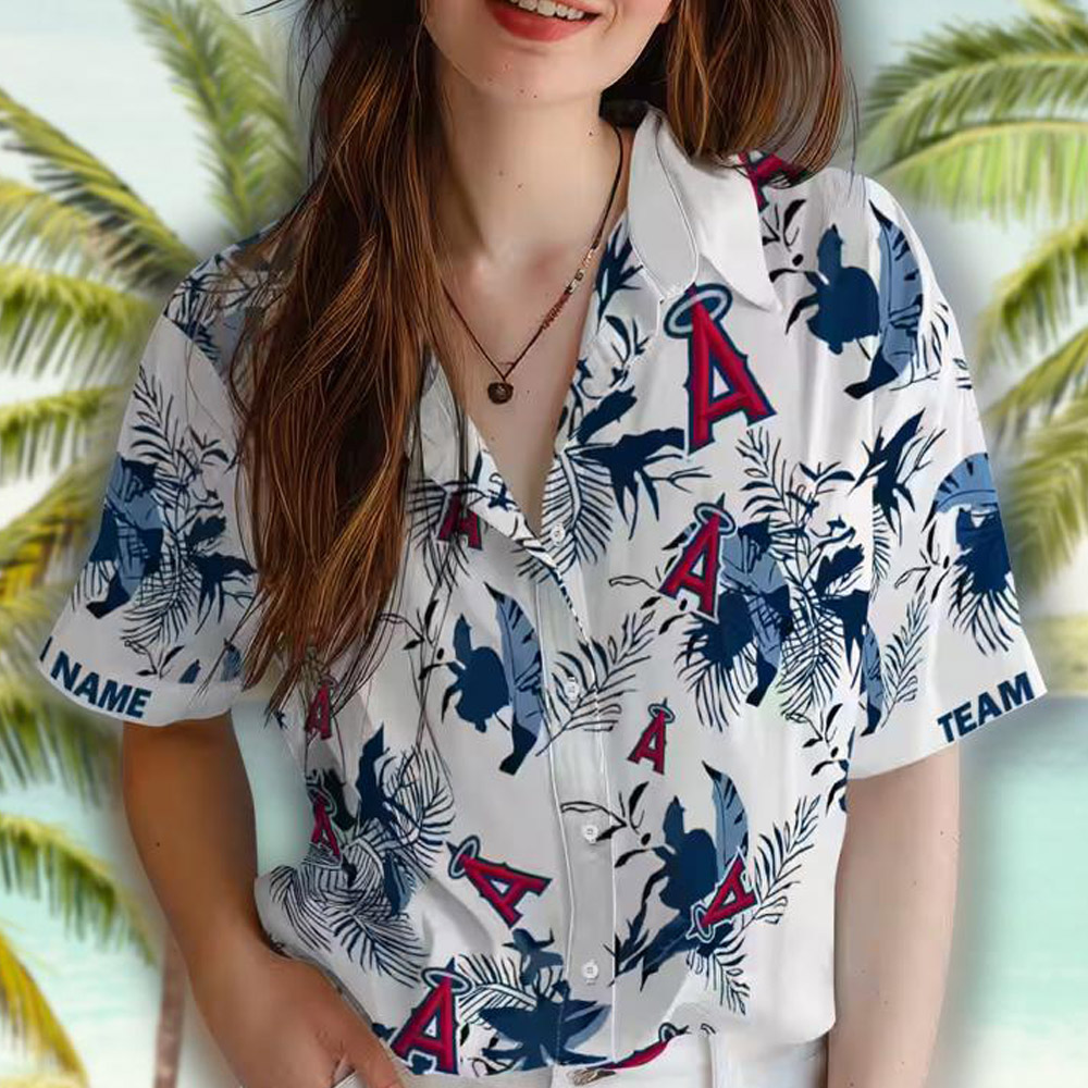 Los Angeles Angels Hawaiian Shirt Blue White Botanical Theme Los Angeles Angels Hawaiian Shirt Blue White Botanical Theme
