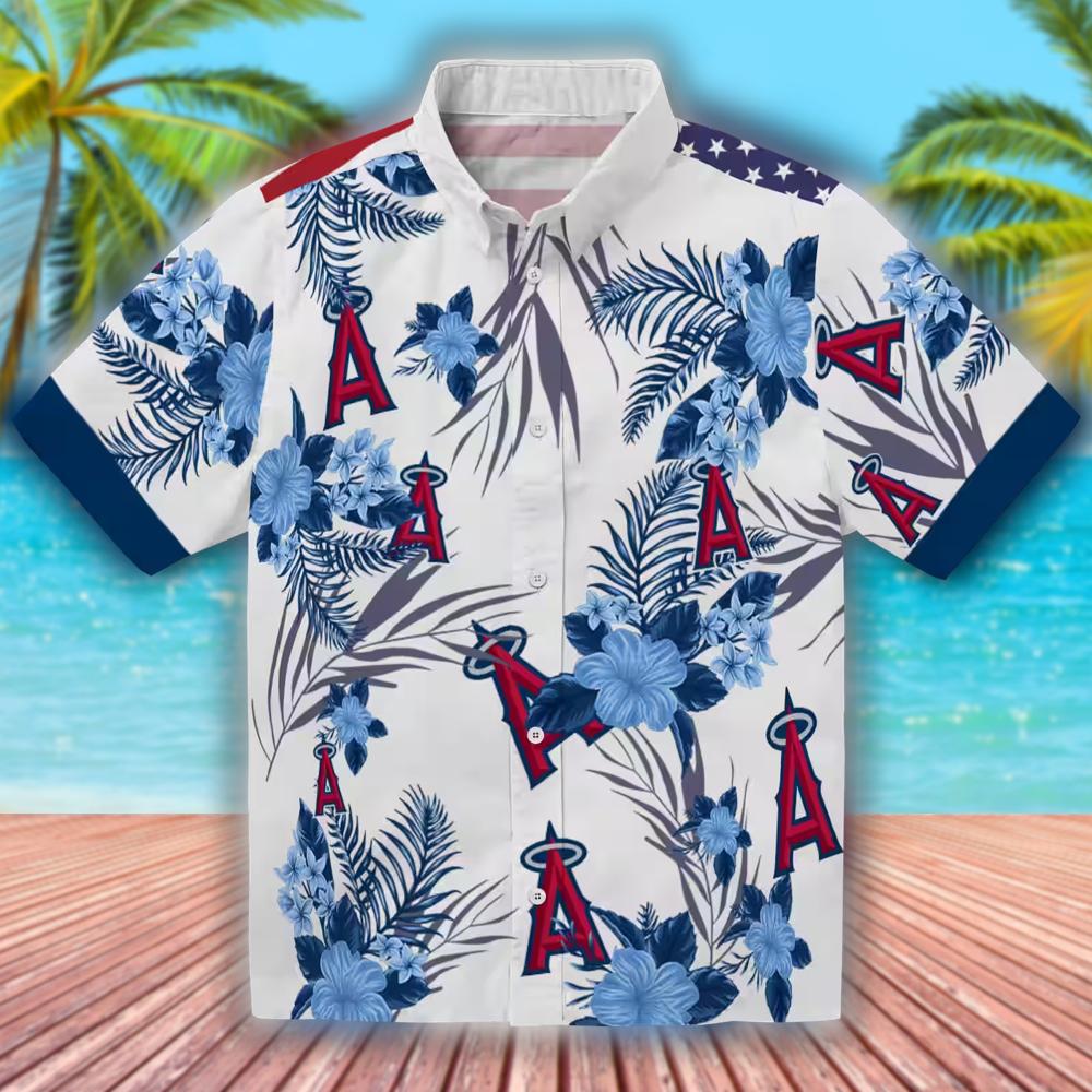 Los Angeles Angels Patriotic Hibiscus Blue White Hawaiian Shirt Los Angeles Angels Patriotic Hibiscus Blue White Hawaiian Shirt