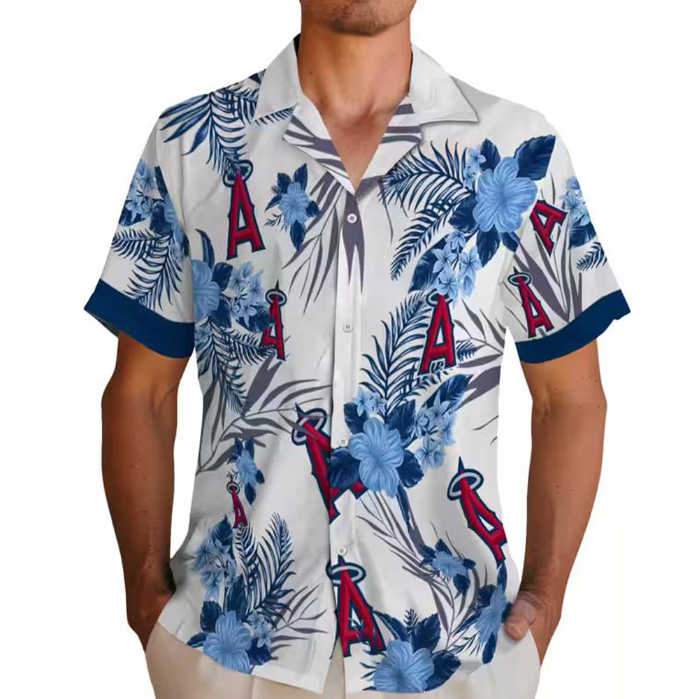 Los Angeles Angels Patriotic Hibiscus Blue White Hawaiian Shirt Los Angeles Angels Patriotic Hibiscus Blue White Hawaiian Shirt