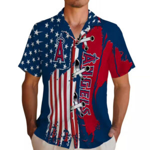 Los Angeles Angels Stitched Blue Hawaiian Shirt with Flag Design 2