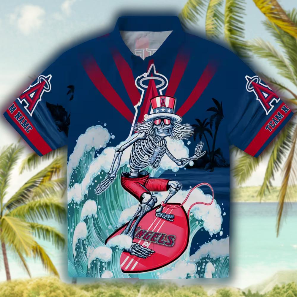 Los Angeles Angels Surfing Skeleton Personalized Blue Hawaiian Shirt Los Angeles Angels Surfing Skeleton Personalized Blue Hawaiian Shirt