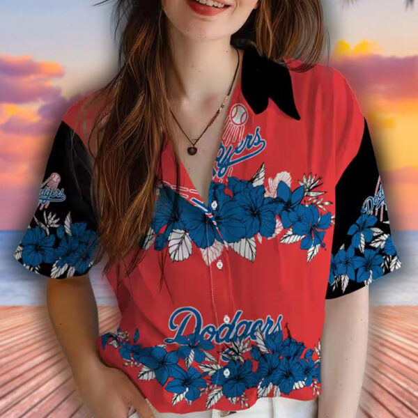 Dodgers Hawaiian Shirt Hibiscus Stripe Blue Black LA Theme 4