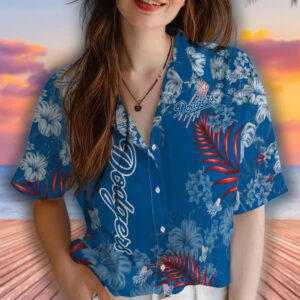 Los Angeles Dodgers Blue Hawaiian Shirt Hibiscus Print 4