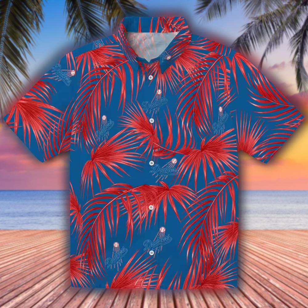 Los Angeles Dodgers Blue Hawaiian Shirt Leafy Palms Design Los Angeles Dodgers Blue Hawaiian Shirt Leafy Palms Design