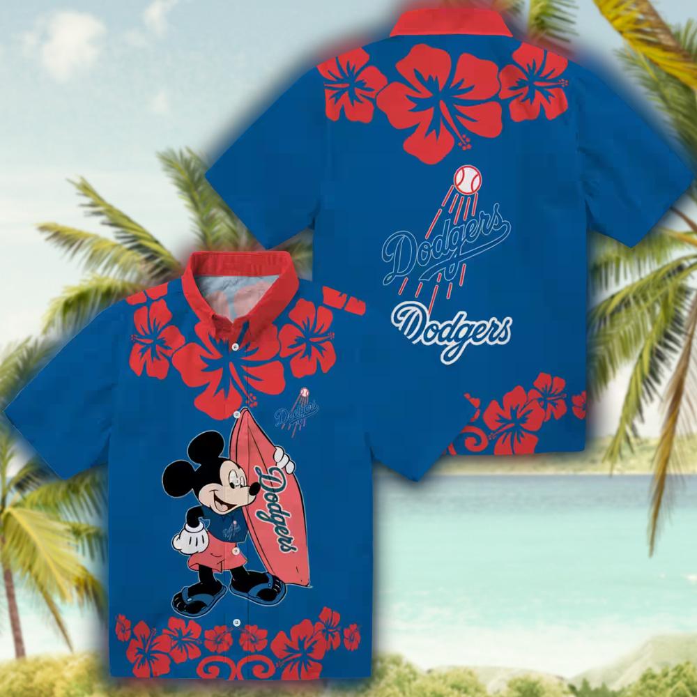 Los Angeles Dodgers Blue Hawaiian Shirt with Surfing Mickey Design Los Angeles Dodgers Blue Hawaiian Shirt with Surfing Mickey Design