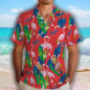 Los Angeles Dodgers Hawaiian Shirt Blue Green Flamingo Foliage Design 2