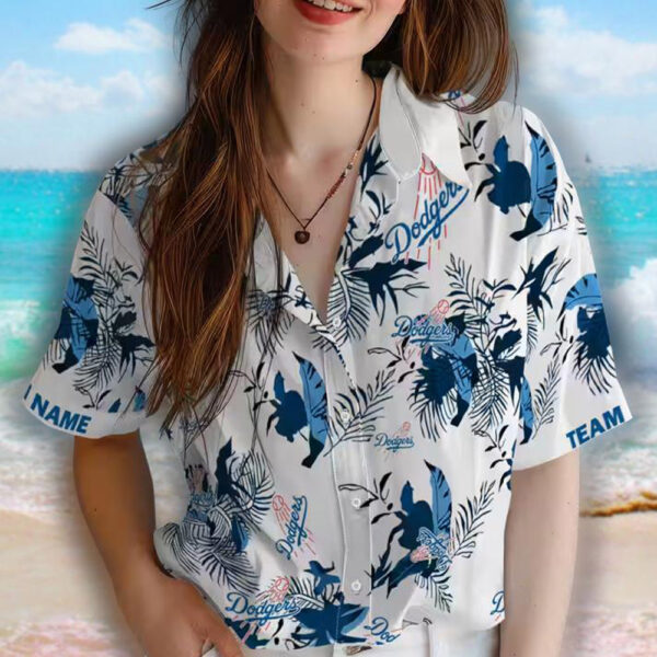 Los Angeles Dodgers Hawaiian Shirt Blue White Botanical Theme 4