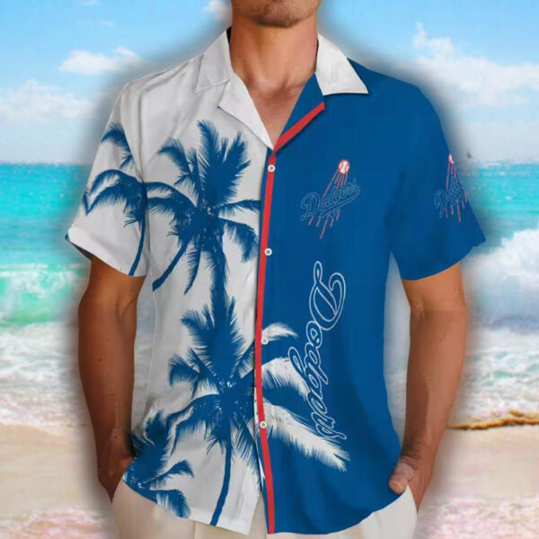 Los Angeles Dodgers Hawaiian Shirt Blue White Palm Trees Design 2