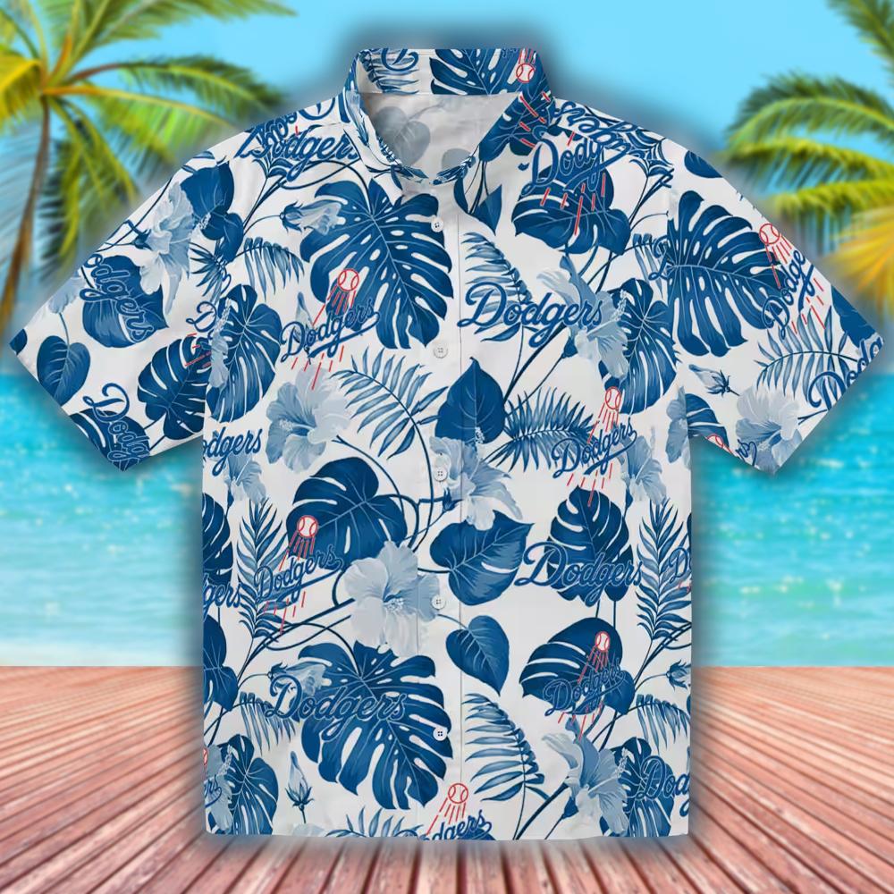 Los Angeles Dodgers Hawaiian Shirt Blue White Tropical Plants Design Los Angeles Dodgers Hawaiian Shirt Blue White Tropical Plants Design