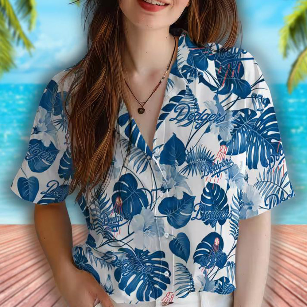 Los Angeles Dodgers Hawaiian Shirt Blue White Tropical Plants Design Los Angeles Dodgers Hawaiian Shirt Blue White Tropical Plants Design