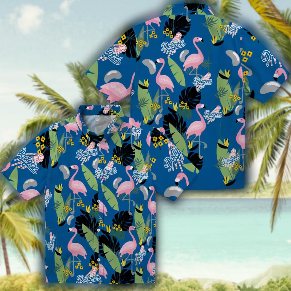 Los Angeles Dodgers Hawaiian Shirt with Blue Flamingo Leaves Design Los Angeles Dodgers Hawaiian Shirt with Blue Flamingo Leaves Design