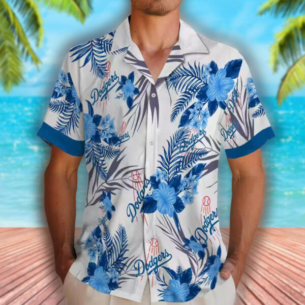 Los Angeles Dodgers Patriotic Hawaiian Shirt Blue White Hibiscus Design 2