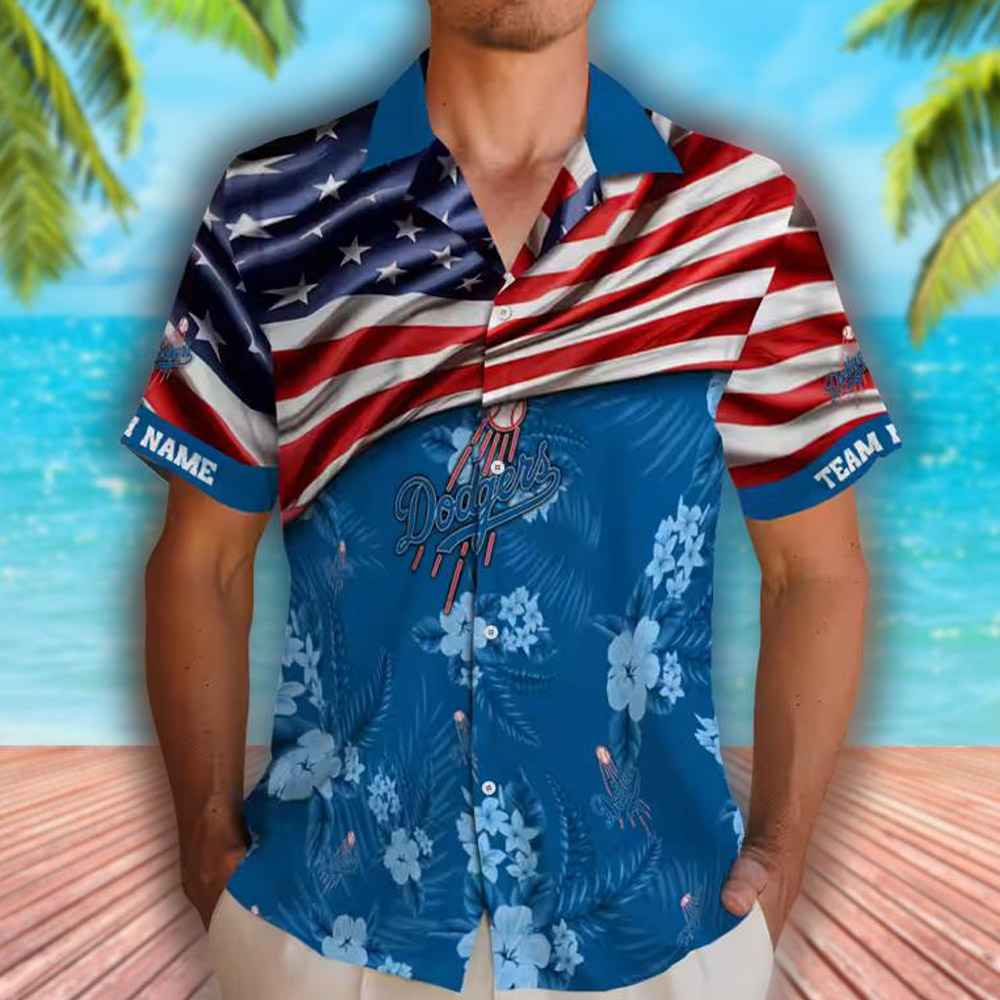 Los Angeles Dodgers Personalized Blue Hawaiian Shirt with US Flag Hibiscus Los Angeles Dodgers Personalized Blue Hawaiian Shirt with US Flag Hibiscus