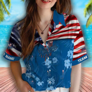 Los Angeles Dodgers Personalized Blue Hawaiian Shirt with US Flag Hibiscus 4