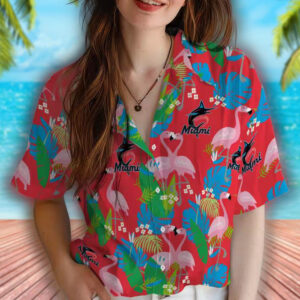 Miami Marlins Blue Green Hawaiian Shirt with Flamingo Foliage Design 4