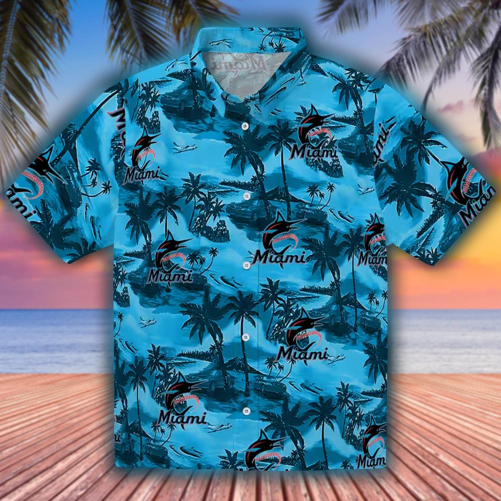 Miami Marlins Blue Hawaiian Shirt Coastal Palms Design Miami Marlins Blue Hawaiian Shirt Coastal Palms Design