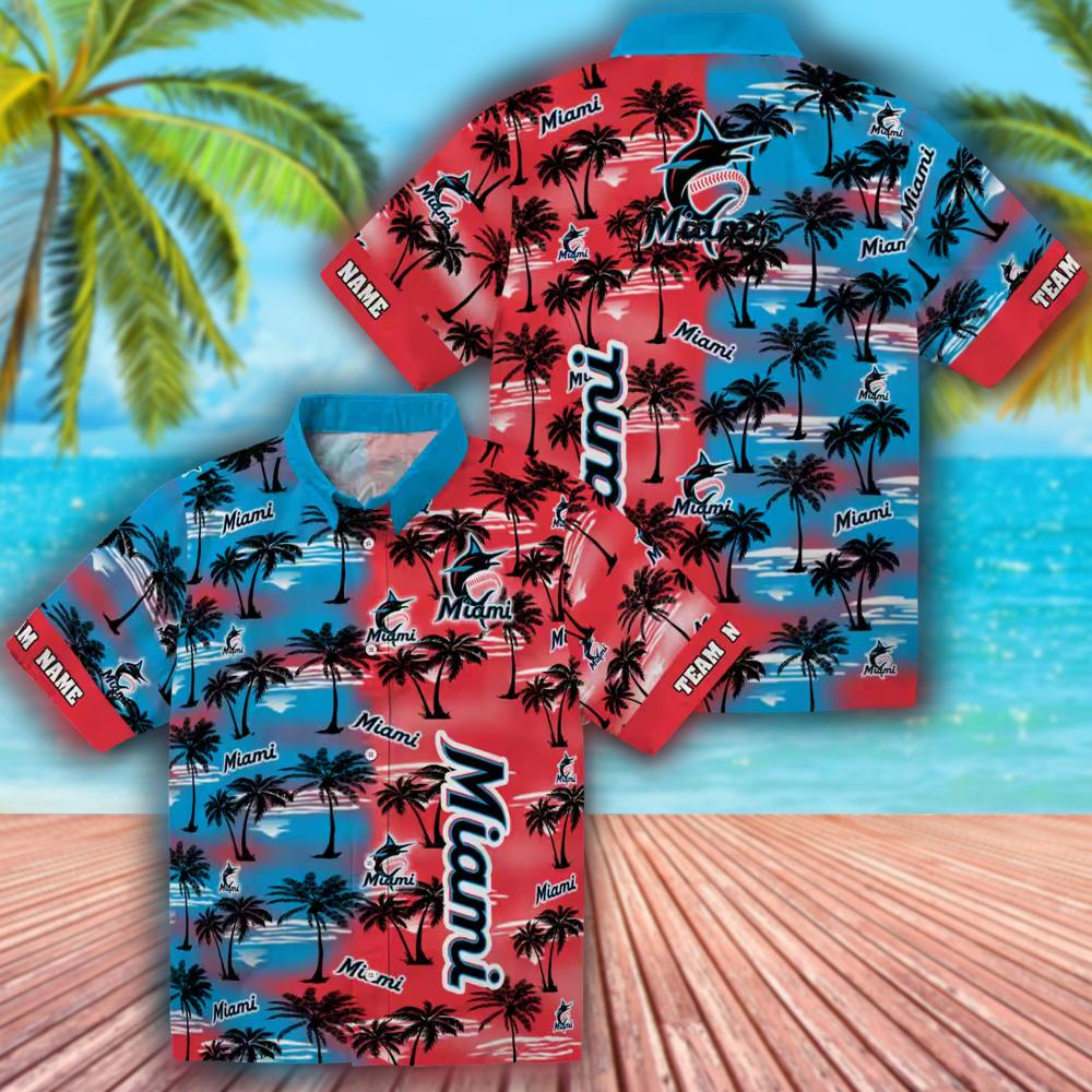 Miami Marlins Custom Blue Hawaiian Shirt with Palm Silhouettes Miami Marlins Custom Blue Hawaiian Shirt with Palm Silhouettes