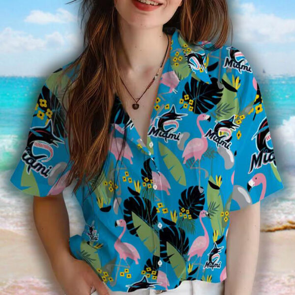 Miami Marlins Flamingo Hawaiian Shirt Blue Tropical Design 4