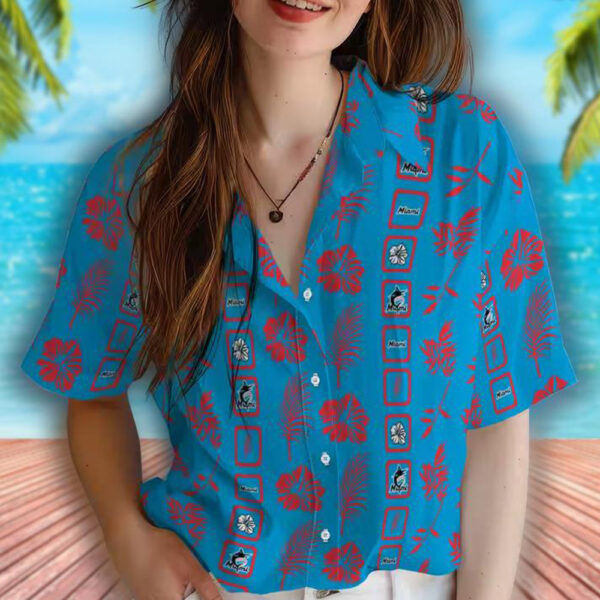 Miami Marlins Floral Blue Hawaiian Shirt Framed Apparel 4