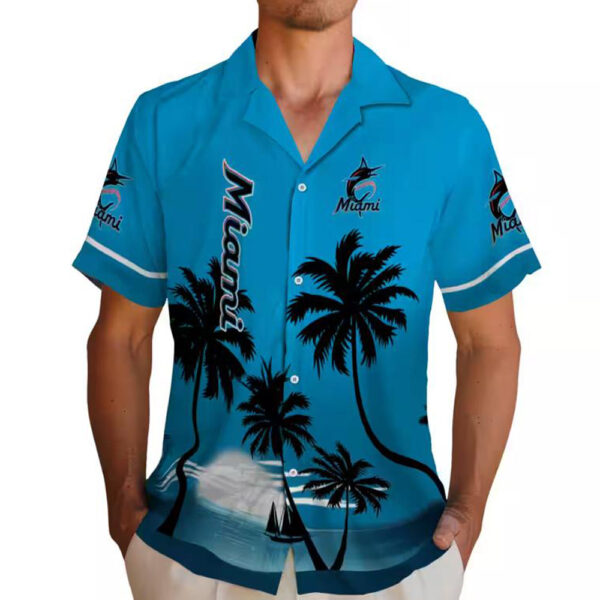 Miami Marlins Hawaiian Shirt Beach Sunset Blue Black Design 2