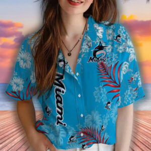 Miami Marlins Hawaiian Shirt Blue Hibiscus Print 4