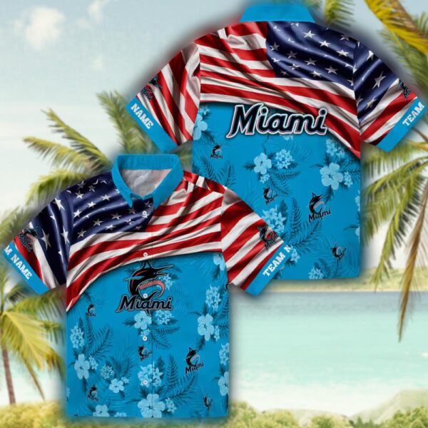 Miami Marlins Hawaiian Shirt Blue Hibiscus US Flag Custom Design 3