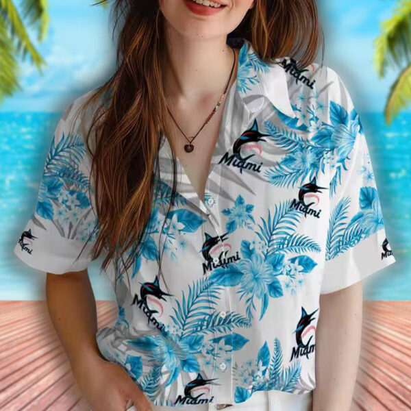 Miami Marlins Hawaiian Shirt Blue White with Hibiscus Palm Design 4