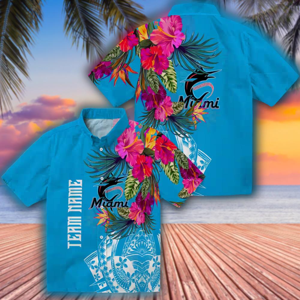 Miami Marlins Hawaiian Shirt Floral Polynesian Blue Design Miami Marlins Hawaiian Shirt Floral Polynesian Blue Design