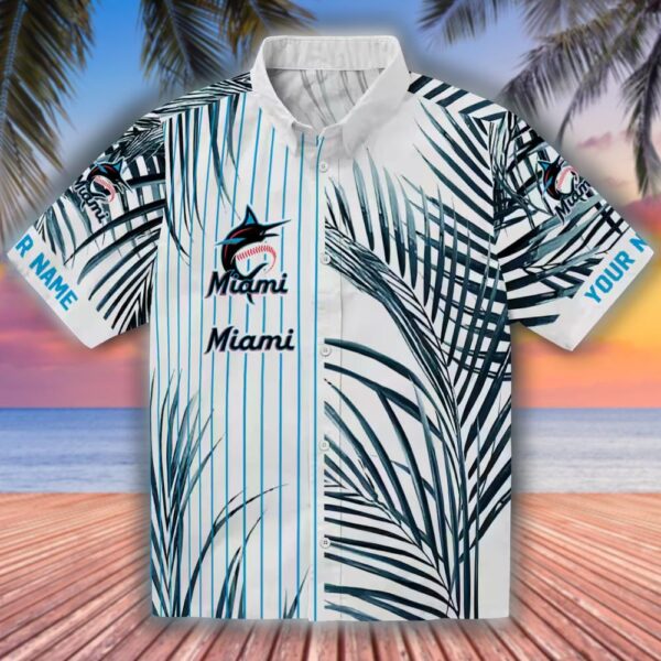 Miami Marlins Hawaiian Shirt Palm Stripes Blue Black White Design 1